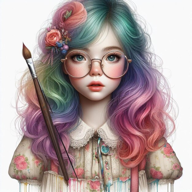 a drawing of a girl with colorful hair and glasses