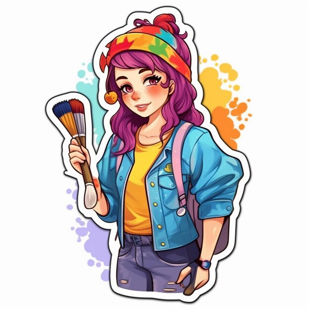 Foto un disegno di una ragazza con un cappello colorato e una camicia colorata che dice 