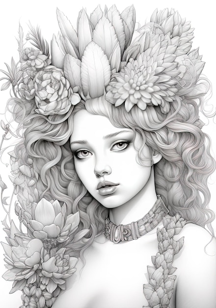 a drawing of a girl with flowers in her hair.