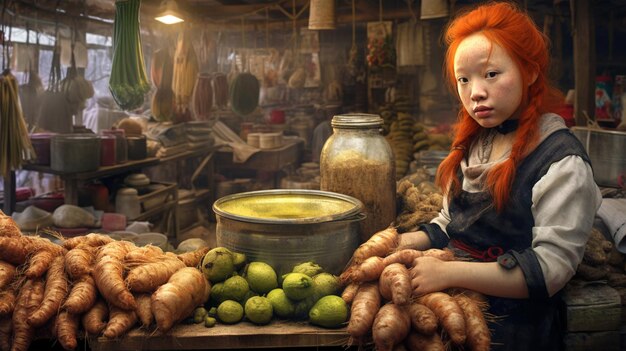 Drawing of girl with ginger and fruit in Asian market vintage style still life