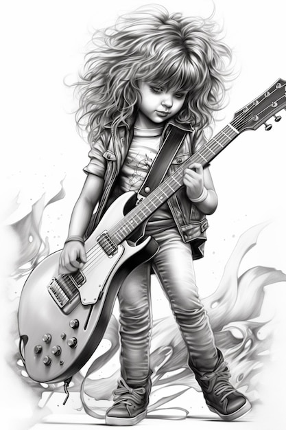 a drawing of a girl with a guitar and a jacket generative ai
