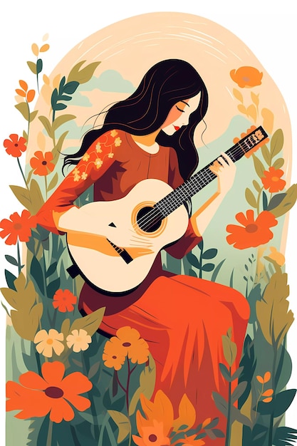 drawing of a girl with a guitar in nature generative ai