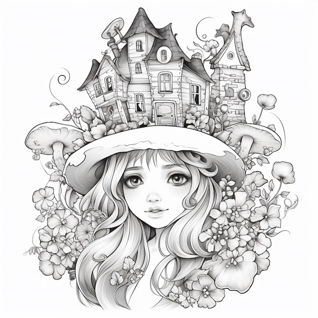 a drawing of a girl with a hat and flowers in front of a house generative ai