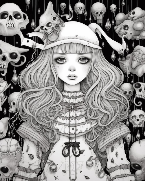 A drawing of a girl with a hat and skulls in the background generative ai