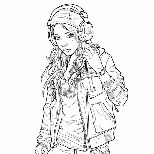 рисунок девушки в наушниках и куртке с генеративным искусственным интеллектом
