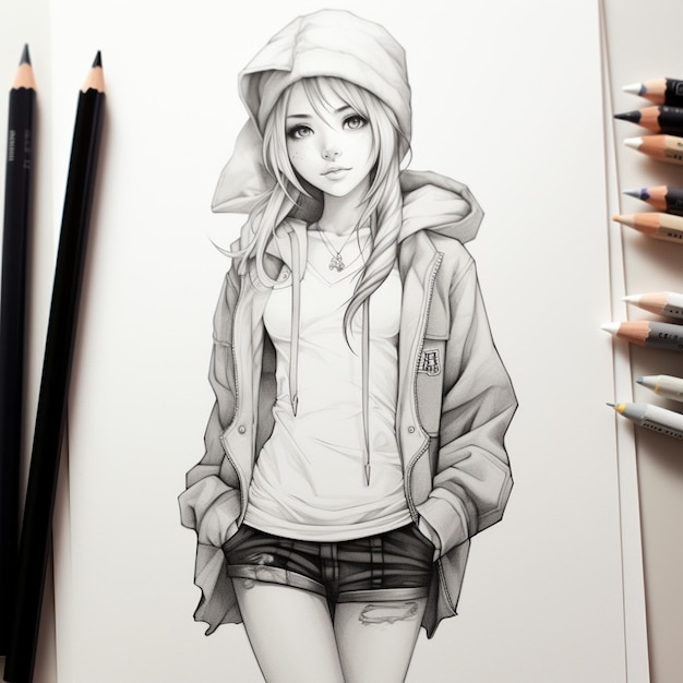 a drawing of a girl with a hoodie on it