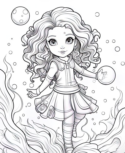 a drawing of a girl with long hair and a ball in her hand.