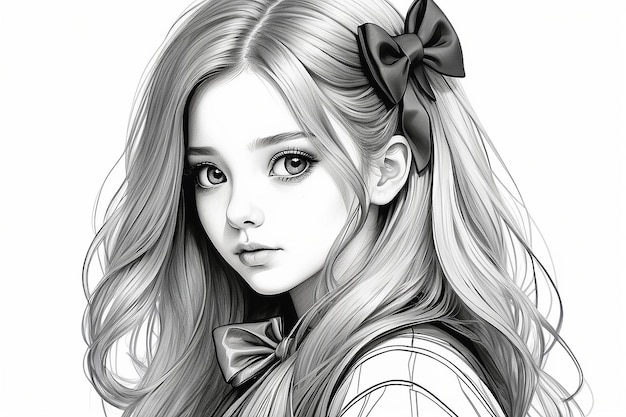 A drawing of a girl with long hair and a bow generative ai