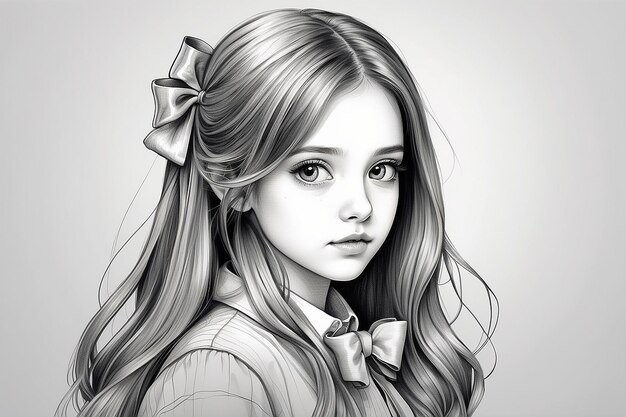 A drawing of a girl with long hair and a bow generative ai