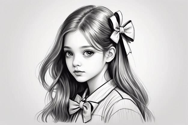 Photo a drawing of a girl with long hair and a bow generative ai