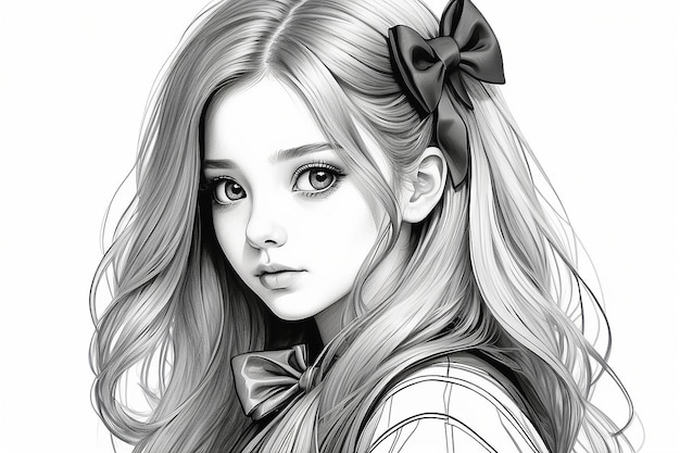 Рисунок девушки с длинными волосами и луком