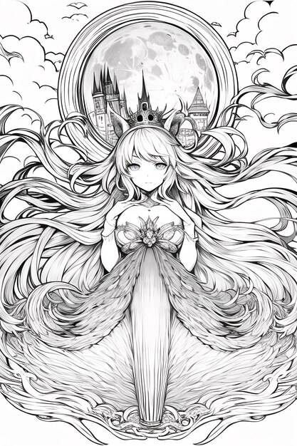 A drawing of a girl with long hair and a castle on the background.