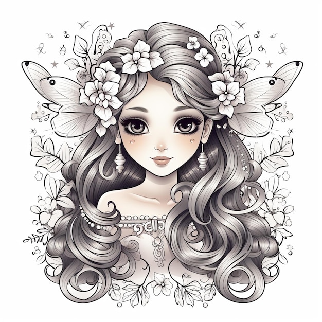 머리카락이 길고 머리카락에 꽃이 있는 소녀의 그림