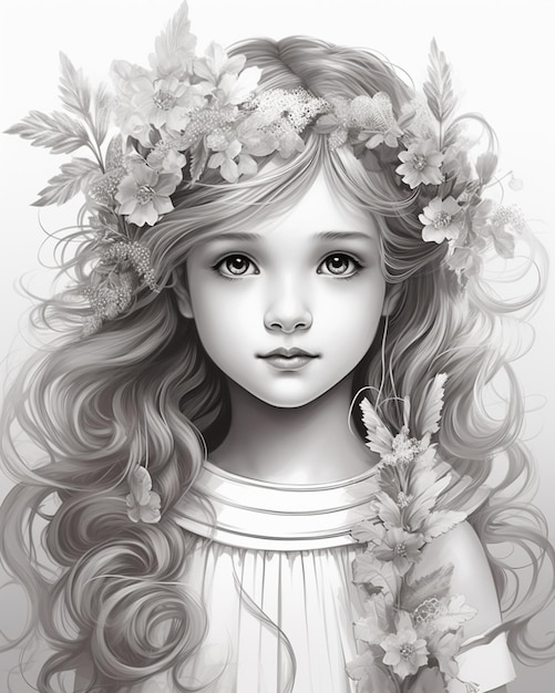 a drawing of a girl with long hair and flowers in her hair generative ai