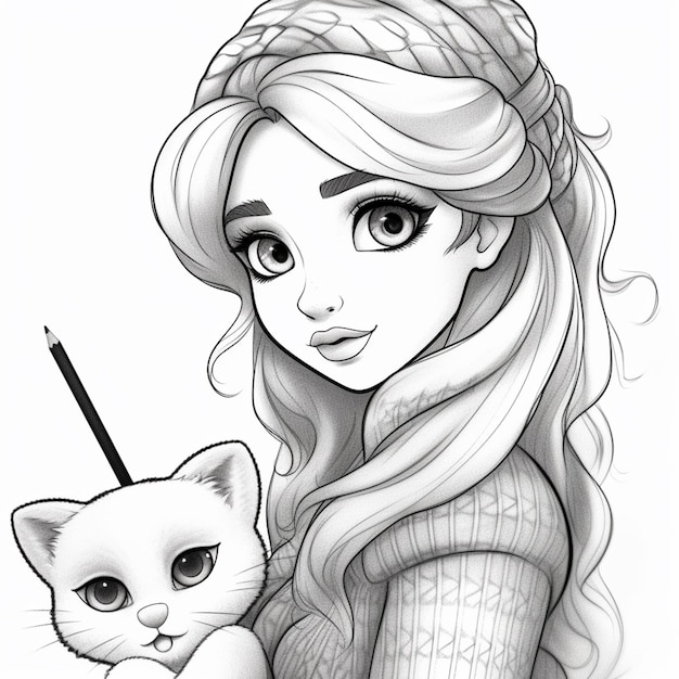 Photo a drawing of a girl with long hair holding a cat generative ai