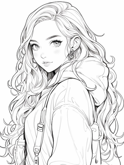 A drawing of a girl with long hair and a hoodie generative ai