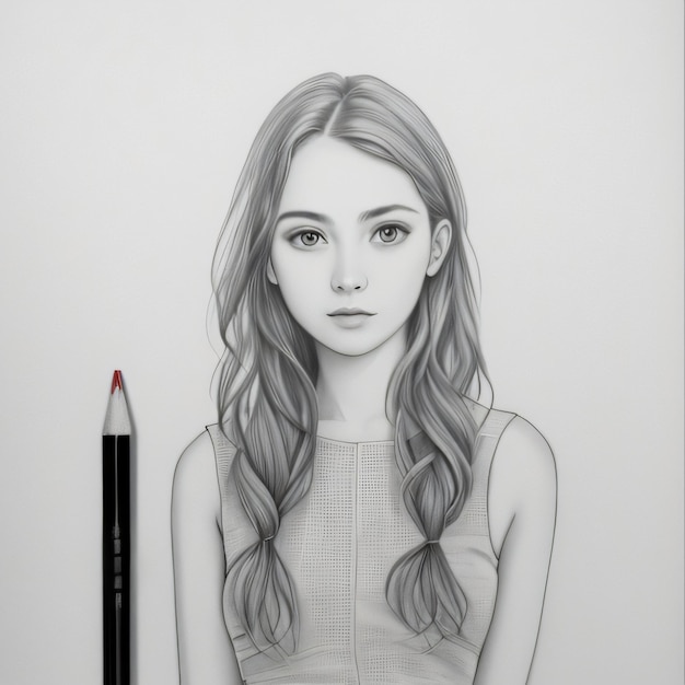 A drawing of a girl with long hair and a pencil.