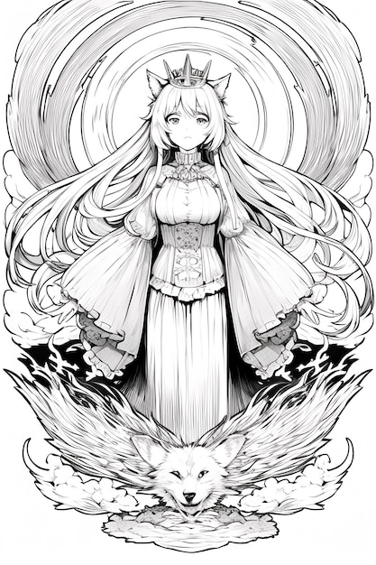 A drawing of a girl with long hair and a white dress with a long hair and a long white hair.