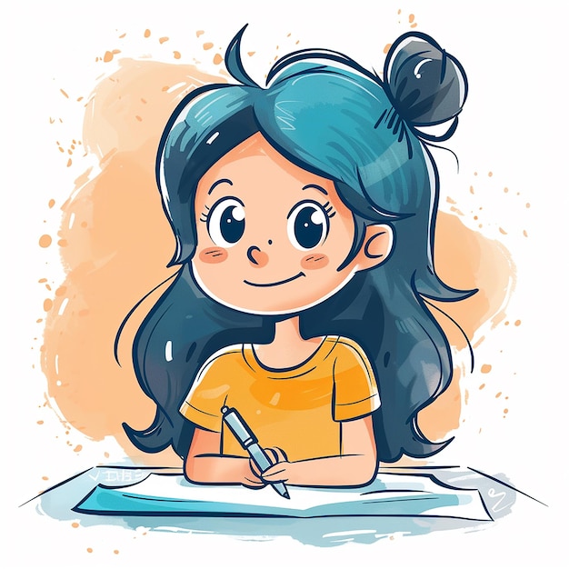 a drawing of a girl with a pen in her hand