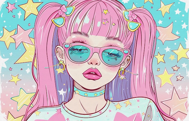 분홍색 머리와 안경을 입은 소녀의 그림