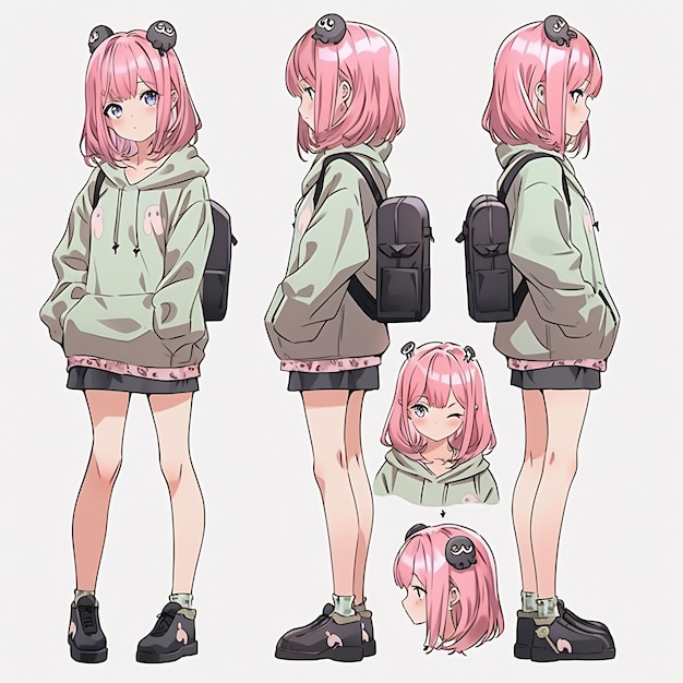 a drawing of a girl with pink hair and a green hoodie.