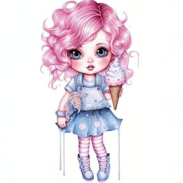 Рисунок девушки с розовыми волосами и розовыми волосами, держащей рожок мороженого.