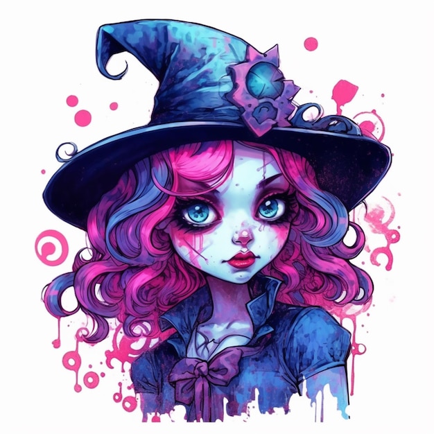 마녀 모자를 입은 분홍색 머리카락을 가진 소녀의 그림