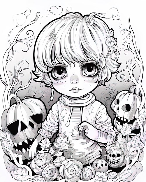 a drawing of a girl with a pumpkin and skull