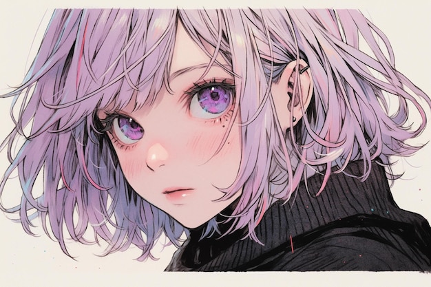 Premium AI Image  A black and white anime girl with purple eyes