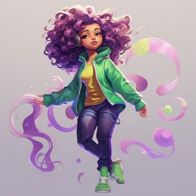 a drawing of a girl with purple hair and a green jacket.