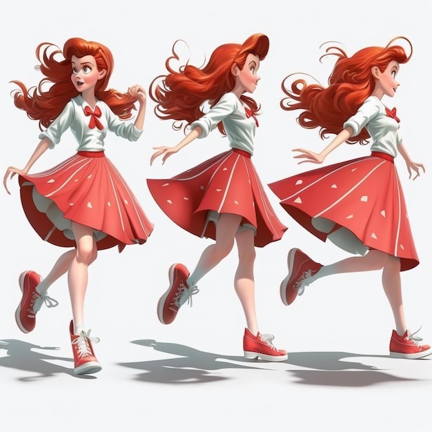 A drawing of a girl with red hair and a white shirt with a red bow.