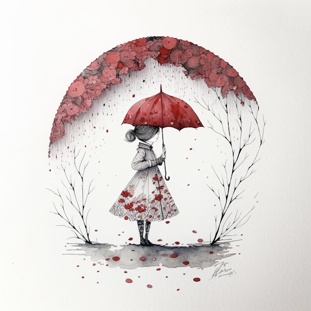 A drawing of a girl with a red umbrella and flowers