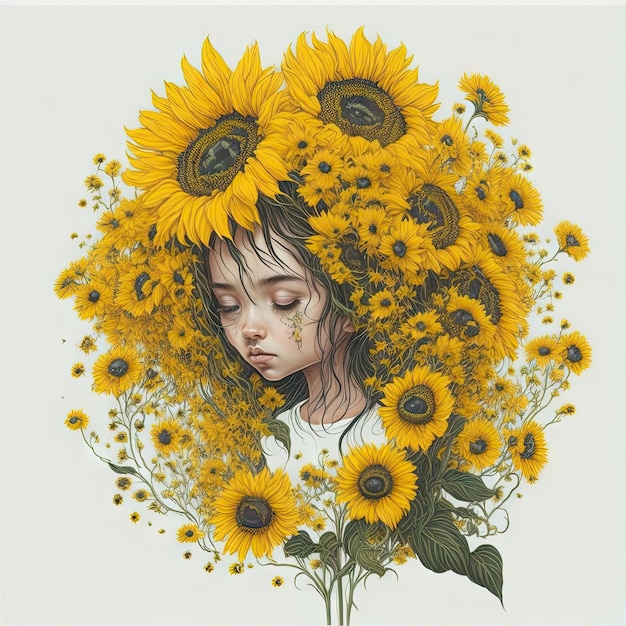 A drawing of a girl with sunflowers on her head