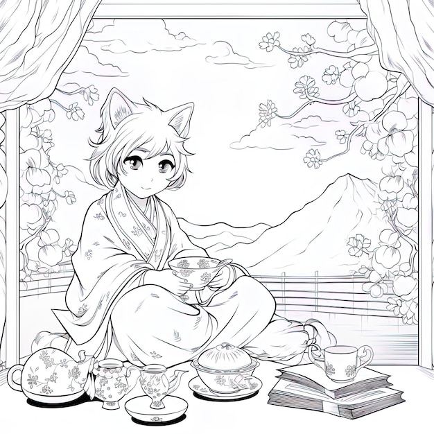 A drawing of a girl with a tea cup and a book with a picture of a cat sitting on the floor.