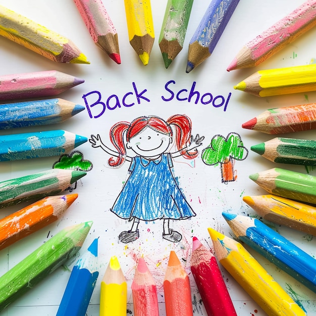 a drawing of a girl with the words back to school written on it