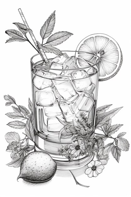 A drawing of a glass of ice and a lemon generative ai