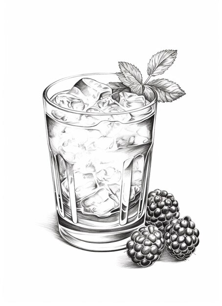 Photo a drawing of a glass of ice and some blackberries generative ai