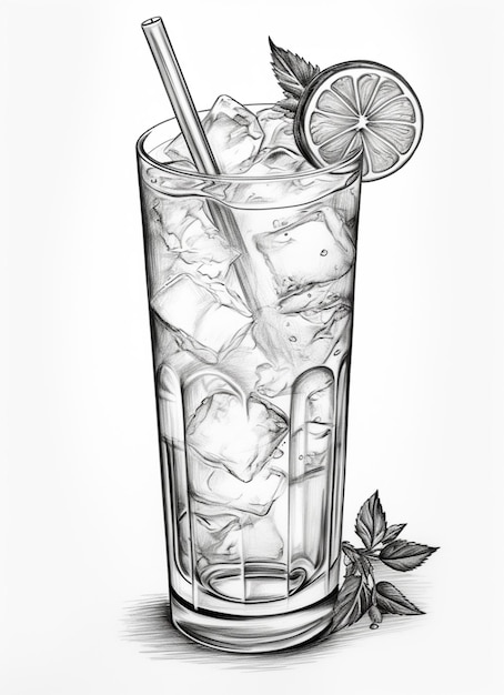 Photo a drawing of a glass of ice with a lime slice and a straw generative ai