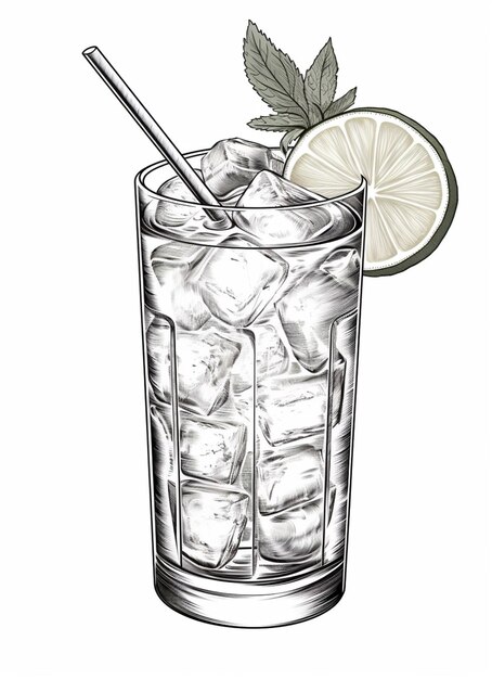 Photo a drawing of a glass of ice with a lime slice and a straw generative ai