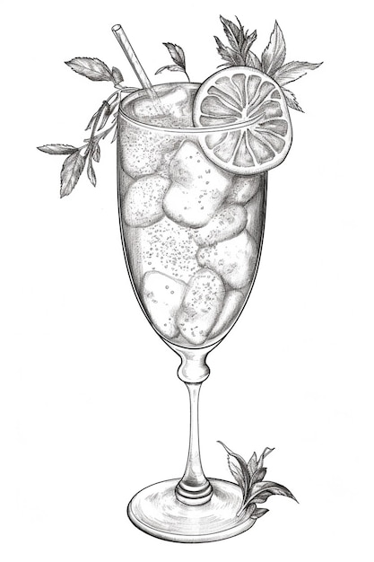 Foto un disegno di un bicchiere d'acqua con ghiaccio e fette di limone generativo ai
