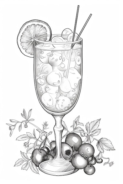 a drawing of a glass of water with a lemon slice and cherries generative ai