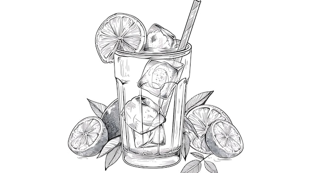 Photo a drawing of a glass with lemons and a straw