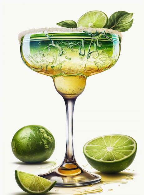 Un disegno di un bicchiere con sopra un lime e un lime.