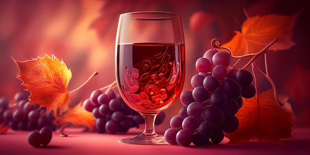 Drawing of a glass with wine and a branch of grapes Generative AI