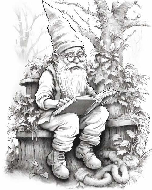 Photo a drawing of a gnome reading a book on a bench generative ai