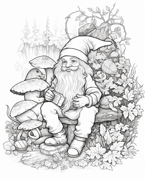 Photo a drawing of a gnome sitting on a bench with mushrooms generative ai