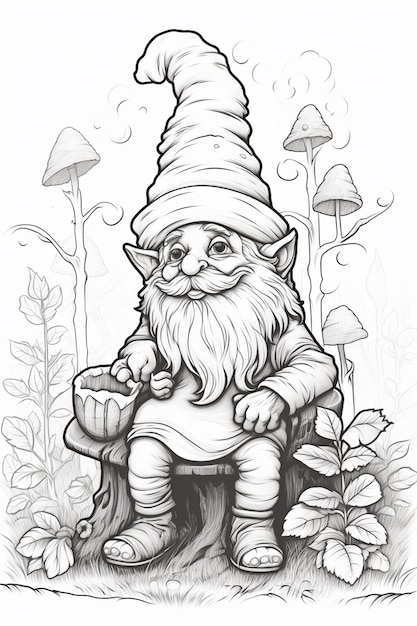 a drawing of a gnome sitting on a stump in the woods generative ai