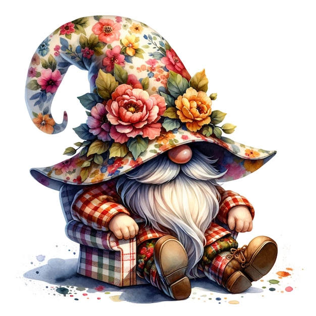 Foto un disegno di uno gnomo con un cappello e un cappelli con fiori su di esso