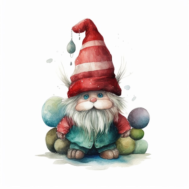 A drawing of a gnome with a hat and a water drop.