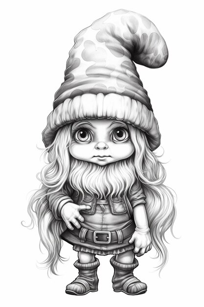 Photo a drawing of a gnome with long hair and a hat generative ai